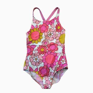 Mini Boden Girl Swimsuit Sz 11-12 Yellow Pink Flowers One Piece
